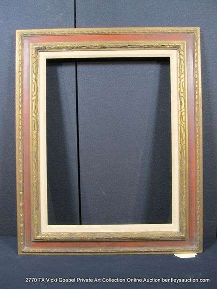GOLD & RED PAINTED, W/ LINEN INLAY, CARVED WOODEN FRAME 26 X 32