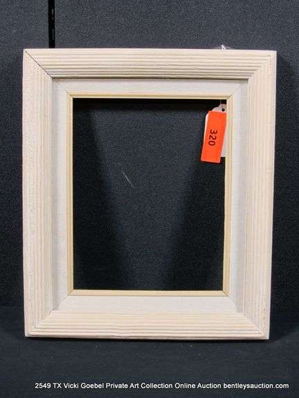 BEIGE & WHITE PAINTED, W/ LINEN INLAY, CARVED WOODEN FRAME 12 X 14