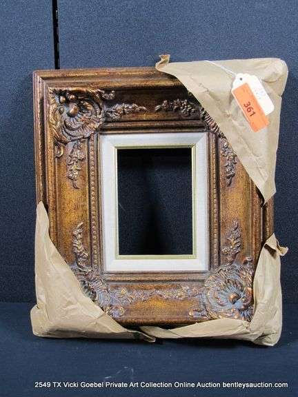 BRONZE PAINTED, W/ LINEN & GOLD PAINTED INLAY, CARVED ORNATE WOODEN FRAME 15 X 17
