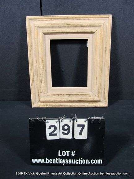 WHITE & GOLD-WASHED, W/ LINEN INLAY, CARVED WOODEN FRAME 17 X 19