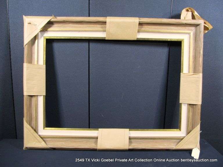 BROWN & GOLD PAINTED, W/ LINEN INLAY, CARVED WOODEN FRAME 34 X 46