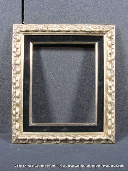 SILVER PAINTED, W/ BLACK VELVET INLAY, CARVED WOODEN FRAME 12 X 14