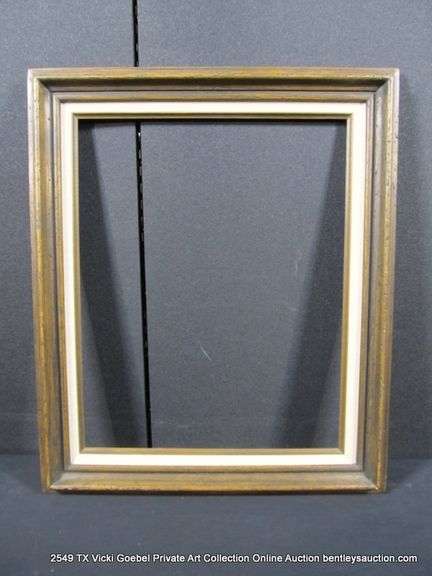 DARK-STAINED WALNUT, W/ LINEN INLAY, CARVED WOODEN FRAME 21 X 25