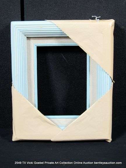 BABY BLUE & WHITE PAINTED, W/ LINEN INLAY, CARVED WOODEN FRAME 9 X 11