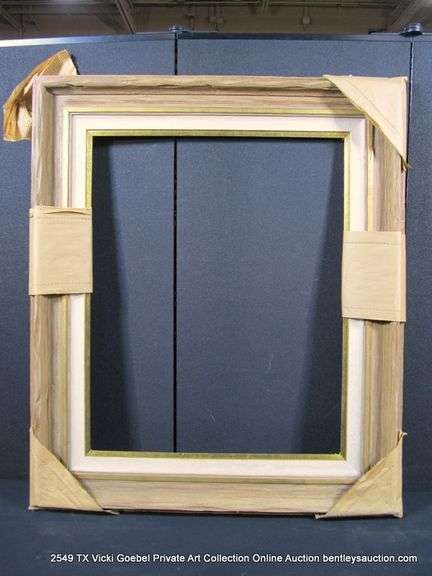 BROWN PAINTED DRIFTWOOD & GOLD PAINTED, W/ LINEN INLAY, CARVED WOODEN FRAME 34 X 41