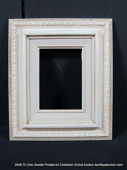 WHITE PAINTED, W/ LINEN INLAY, CARVED WOODEN FRAME 11 X 13
