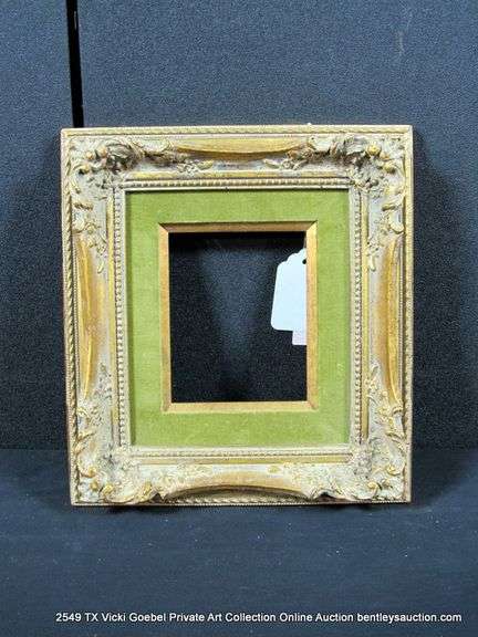 GOLD PAINTED, W/ OLIVE GREEN VELVET INLAY, CARVED ORNATE WOODEN FRAME 10 X 11