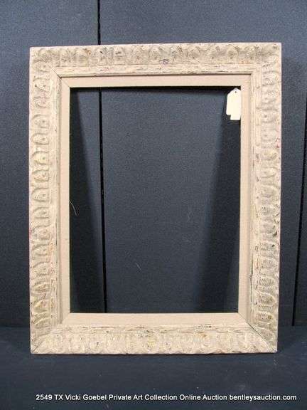 GRAY-WASHED W/ GOLD ACCENTS, W/ LINEN INLAY, CARVED ORNATE WOODEN FRAME 25 X 31