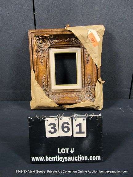 BRONZE PAINTED, W/ LINEN & GOLD PAINTED INLAY, CARVED ORNATE WOODEN FRAME 15 X 17