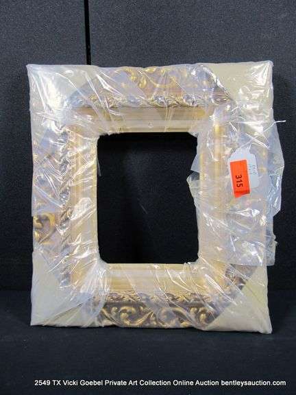 GOLD PAINTED, W/ LINEN INLAY, CARVED ORNATE WOODEN FRAME 17 X 19