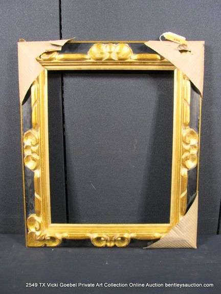 BLACK & GOLD PAINTED, CARVED ORNATE WOODEN FRAME 22 X 26