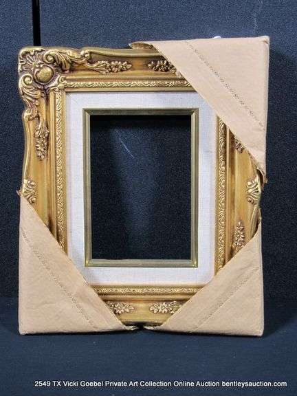 GOLD PAINTED, W/ LINEN INLAY, CARVED ORNATE WOODEN FRAME 10 X 12