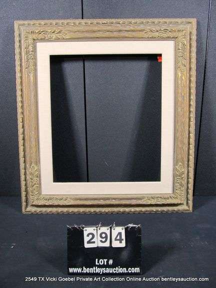 BRONZE PAINTED, W/ LINEN INLAY, CARVED ORNATE WOODEN FRAME 31 X 34