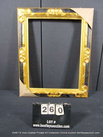 BLACK & GOLD PAINTED, CARVED ORNATE WOODEN FRAME 25 X 29