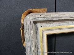 BLACK & WHITE-WASHED DRIFTWOOD, W/ GOLD PAINTED &, W/ LINEN INLAY, WOODEN FRAME 25 X 29