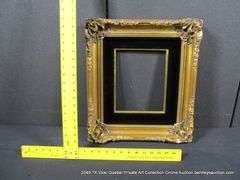 GOLD PAINTED, W/ BLACK VELVET INLAY, CARVED ORNATE WOODEN FRAME 16 X 18