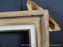 BROWN PAINTED DRIFTWOOD & GOLD PAINTED, W/ LINEN INLAY, CARVED WOODEN FRAME 35 X 47