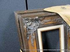 DARK-STAINED, W/ LINEN INLAY, CARVED ORNATE WOODEN FRAME 15 X 17