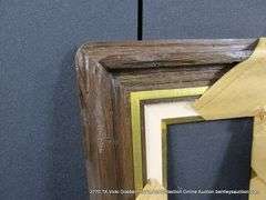 DARK-STAINED & GOLD PAINTED, W/ LINEN INLAY, DRIFTWOOD STYLE CARVED WOODEN FRAME 19 X 21