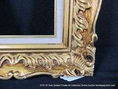 GOLD PAINTED, W/ HEATHERED LINEN INLAY, CARVED WOODEN FRAME 15 X 17