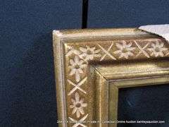 GOLD PAINTED, FLORAL & "X" CARVED WOODEN FRAME 12 X 14