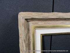 BROWN-WASHED DRIFTWOOD & PAINTED GOLD, W/ LINEN INLAY, CARVED WOODEN FRAME 26 X 30