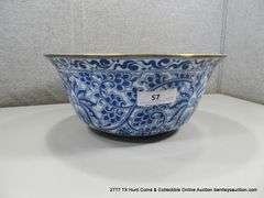 LARGE LOTUS LEAF METAL BANDED RIM & FOOT CERAMIC VASE (14 3/4" X 6 1/2")