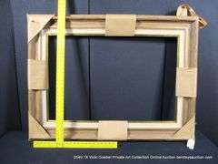 BROWN & GOLD PAINTED, W/ LINEN INLAY, CARVED WOODEN FRAME 34 X 46