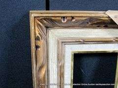 GOLD & GRAY/BROWN PAINTED, W/ LINEN & GOLD PAINTED INLAY, CARVED ORNATE WOODEN FRAME 13 X 15