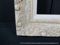 GRAY/BEIGE PAINTED & GOLD ACCENTS, W/ LINEN INLAY, CARVED ORNATE WOODEN FRAME 26 X 32