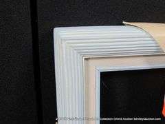 BABY BLUE & WHITE PAINTED, W/ LINEN INLAY CARVED WOODEN FRAME 9 X 11