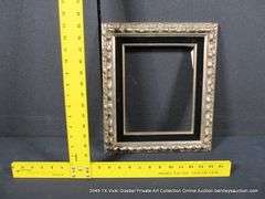 SILVER PAINTED, W/ BLACK VELVET INLAY, CARVED WOODEN FRAME 13 X 15