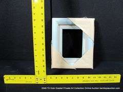 BABY BLUE & WHITE PAINTED, W/ LINEN INLAY, CARVED WOODEN FRAME 9 X 11