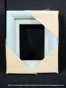 BABY BLUE & WHITE PAINTED, W/ LINEN INLAY, CARVED WOODEN FRAME 9 X 11