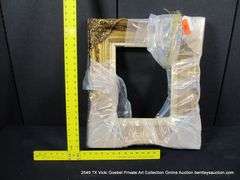 GOLD PAINTED, W/ LINEN INLAY, CARVED ORNATE WOODEN FRAME 21 X 24