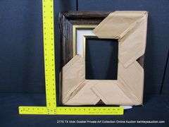 DARK-STAINED & GOLD PAINTED, W/ LINEN INLAY, DRIFTWOOD STYLE CARVED WOODEN FRAME 19 X 21