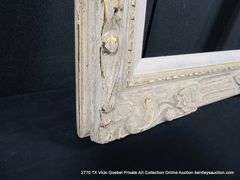 GRAY/BEIGE PAINTED & GOLD ACCENTS, W/ LINEN INLAY, CARVED ORNATE WOODEN FRAME 26 X 32