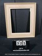 BEIGE-WASHED & GREEN STRIP, W/ LINEN INLAY, CARVED WOODEN FRAME 23 X 27