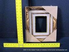GOLD & GRAY/BROWN PAINTED, W/ LINEN & GOLD PAINTED INLAY, CARVED ORNATE WOODEN FRAME 13 X 15