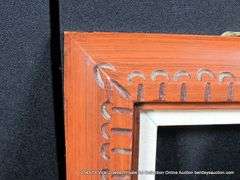 RED-STAINED, W/ LINEN INLAY, CARVED WOODEN FRAME 11 X 13
