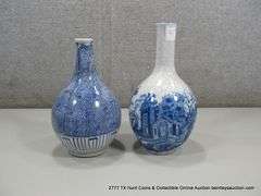 BLUE & WHITE 8" X 5" VASES: 1-ASIAN VINTAGE ANTIQUE, 1-VICTORIAN WARE 9 1/8" X 5" VINTAGE  (2 X MONE