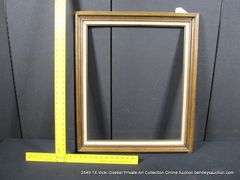 STAINED WALNUT, W/ LINEN INLAY, CARVED WOODEN FRAME 14 X 16