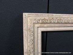 WHITE-WASHED, W/ HEATHERED LINEN INLAY, CARVED WOODEN FRAME 24 X 28