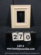 WHITE PAINTED, W/ LINEN INLAY, CARVED WOODEN FRAME 11 X 13