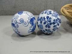 1-BASKET, 2 BLUE & WHITE BALLS (3 1/4"), 3 X MONEY