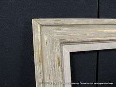 BEIGE/CREAM-WASH & GOLD ACCENTS, W/ LINEN & DRIFTWOOD STYLE INLAY, CARVED WOODEN FRAME 26 X 32