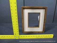 WALNUT STAINED, W/ LINEN & GOLD INLAY, WOODEN FRAME 11 X 12