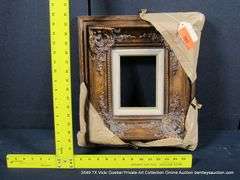 BRONZE PAINTED, W/ LINEN & GOLD PAINTED INLAY, CARVED ORNATE WOODEN FRAME 15 X 17