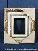 GOLD & GRAY/BROWN PAINTED, W/ LINEN & GOLD PAINTED INLAY, CARVED ORNATE WOODEN FRAME 13 X 15