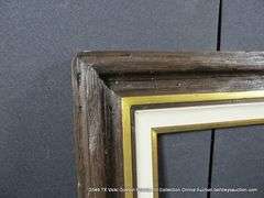 DARK BROWN & GOLD PAINTED, W/ LINEN INLAY, RUSTIC WOODEN FRAME 27 X 31